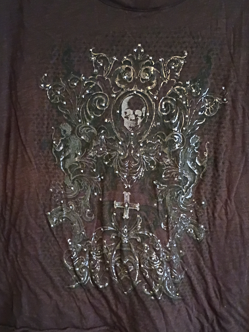 Dark Gray Decorative Skull T-shirt with Metallic Accents